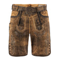 Brown leather shorts with decorative patterns and a belt on a white background