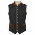 A dark gray wool felt vest with brown trim and decorative buttons, featuring a mandarin collar and front pockets, shown against a plain white background.