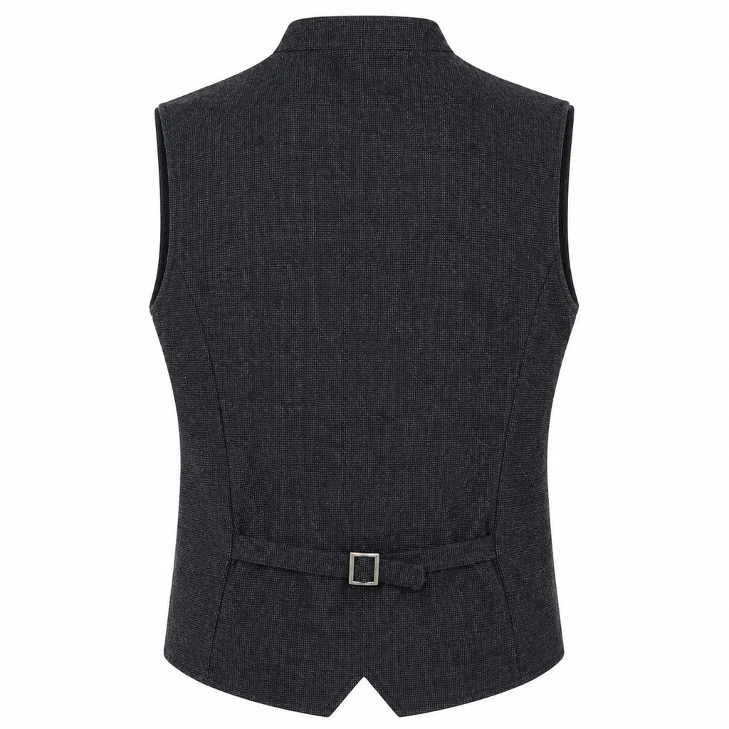 A dark charcoal gray waistcoat vest with a matching tie belt and silver buckle, shown from the back on a plain white background.