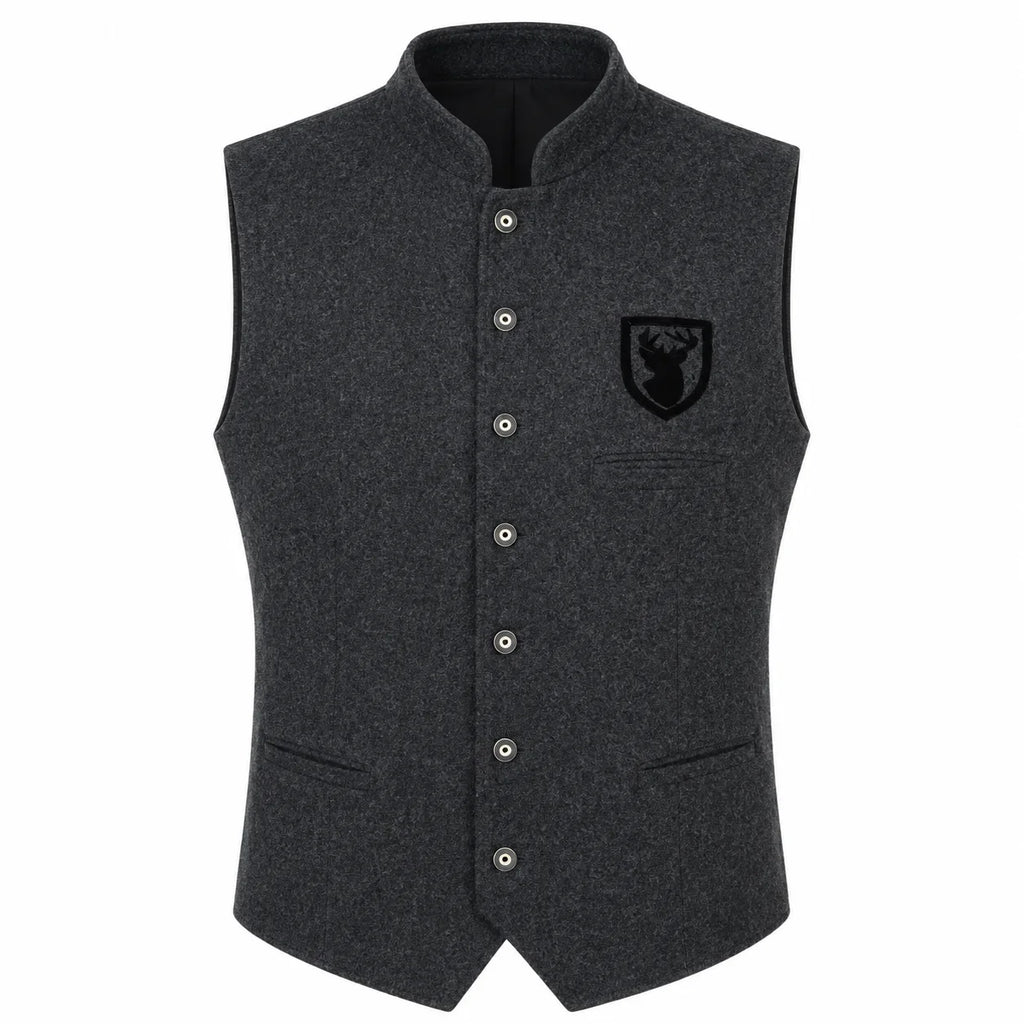 A dark gray heathered wool vest with a stand collar, button closure, and a black embroidered shield logo on the left chest, shown against a plain white background.