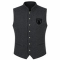 A dark gray heathered wool vest with a stand collar, button closure, and a black embroidered shield logo on the left chest, shown against a plain white background.