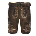 Brown leather shorts with intricate embroidery and a belt on a white background