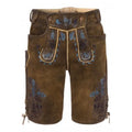 Brown leather shorts with floral embroidery on a white background