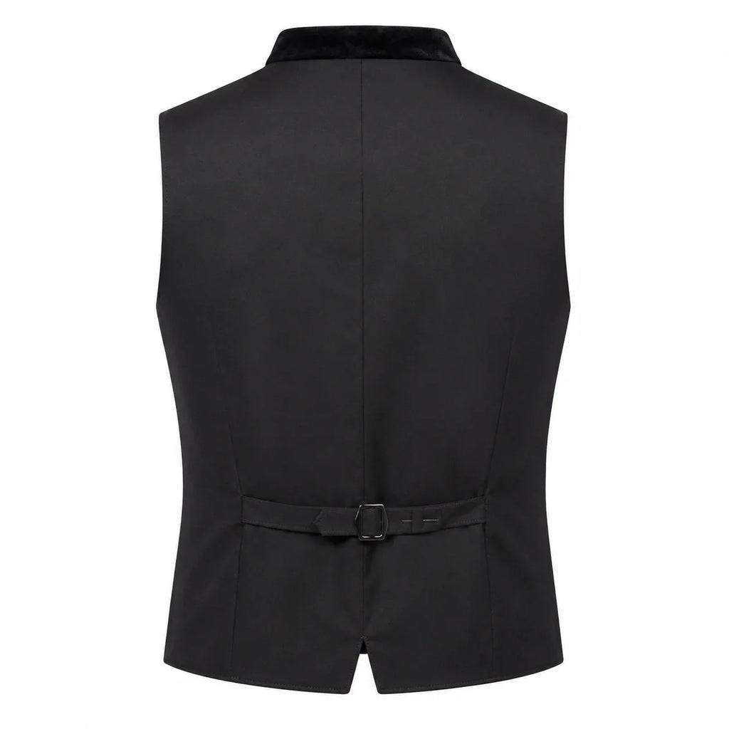 Black formal waistcoat vest with a shawl collar and a matching waist belt with a buckle, shown from the back on a white background.