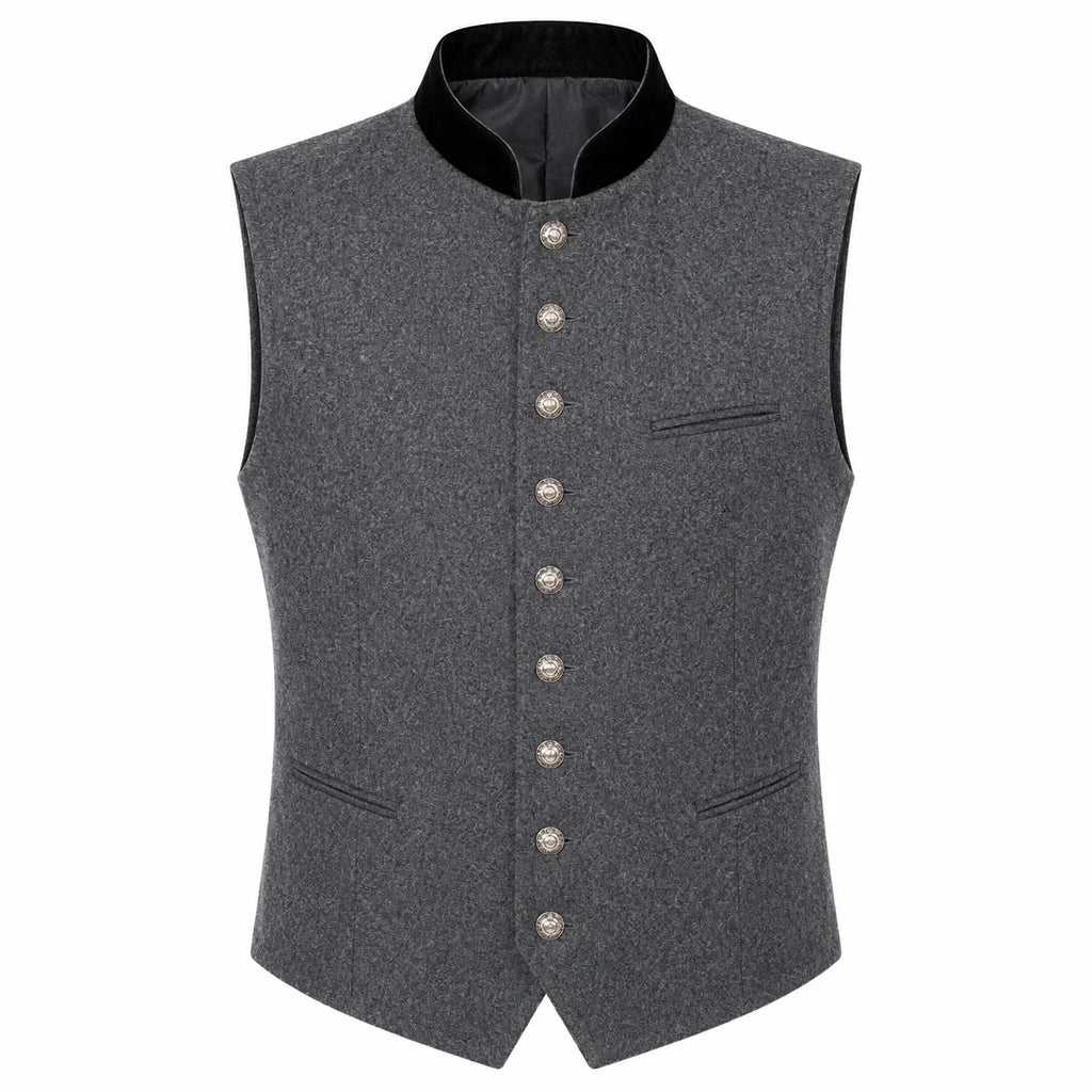 A dark gray textured waistcoat vest with a black mandarin collar and decorative silver buttons down the front, displayed on a solid white background.