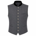 A dark gray textured waistcoat vest with a black mandarin collar and decorative silver buttons down the front, displayed on a solid white background.