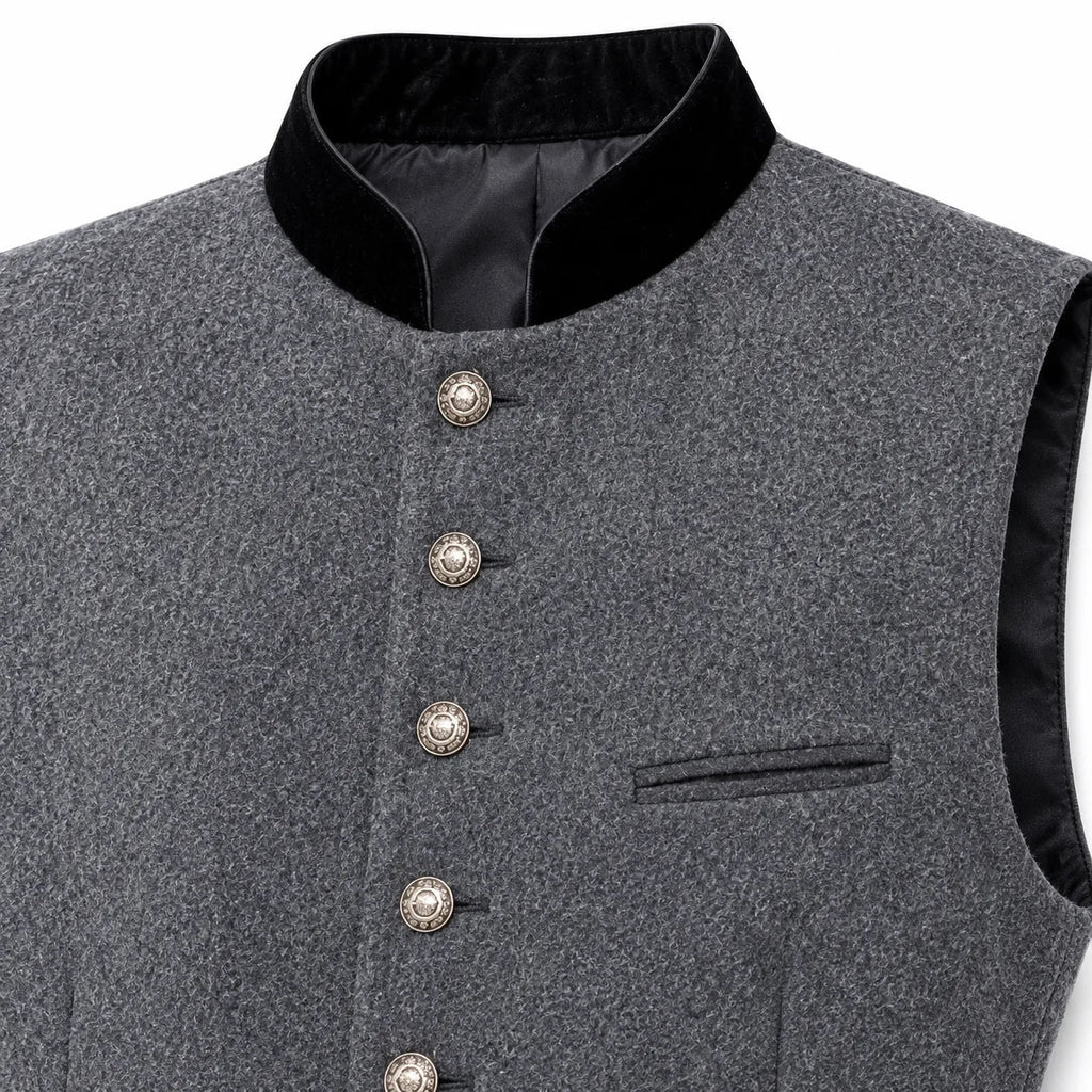 A close-up of a gray textured waistcoat vest with a black velvet collar and decorative silver-toned buttons, shown against a plain white background.