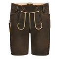 Brown leather shorts with beige stitching on a white background