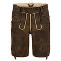 Brown leather pants with green embroidery and buttons, featuring a visible brand logo.