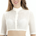 A traditional white dirndl blouse with half sleeves, round neckline, and lace detailing, closed with buttons at the front.