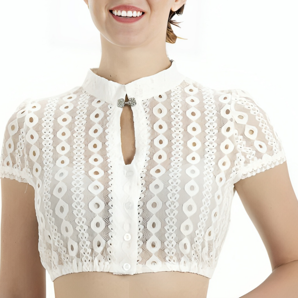 A white short-sleeved blouse with lace detailing and a keyhole neckline, featuring a front closure with buttons and a metal hook.