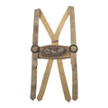 Tan suspenders with decorative buckle on a white background