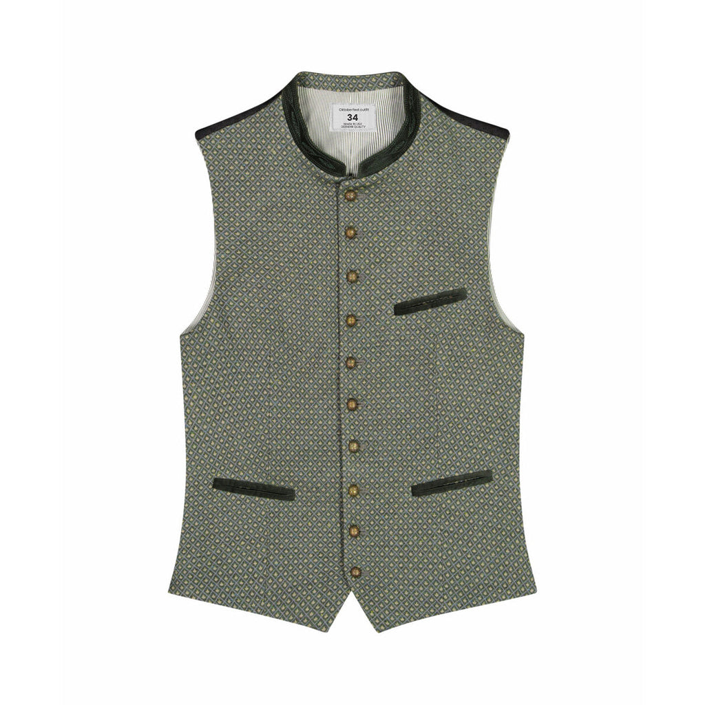 A traditional German vest in grey with a geometric pattern, featuring three pockets and a velvet collar.