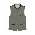 A traditional German vest in grey with a geometric pattern, featuring three pockets and a velvet collar.