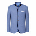 A men's light blue blazer jacket with a mandarin collar, dark navy trim, gold-tone buttons, and a white pocket square, shown on a plain white background.