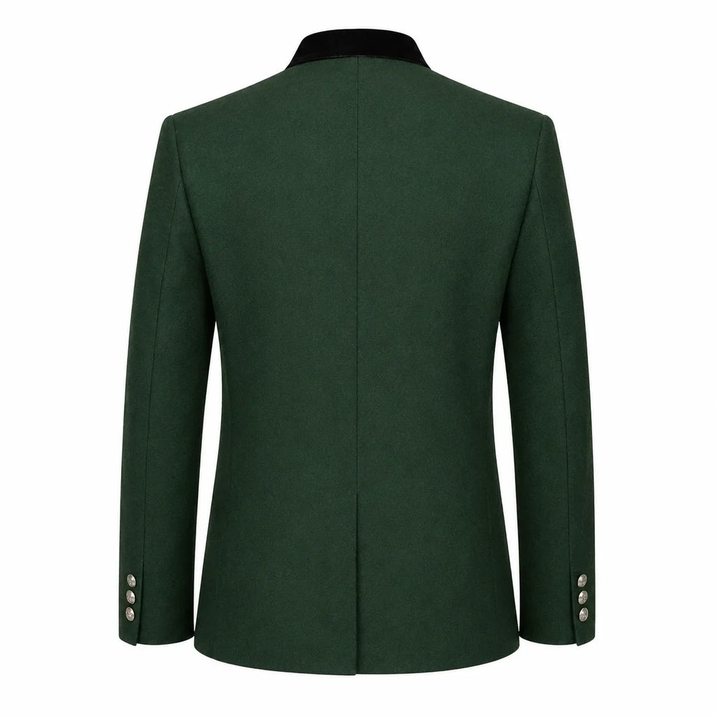 A dark green men's blazer shown from the back, featuring a black collar and silver-toned buttons on the cuffs, set against a plain white background.