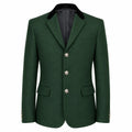 A dark green wool-blend blazer jacket with a black velvet collar, three silver-tone buttons, and flap pockets, shown on a plain white background.