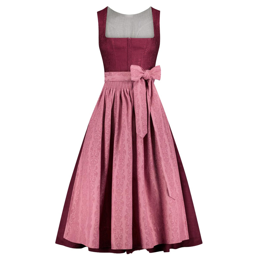 Two-tone dress with a pink skirt and maroon top on a white background
