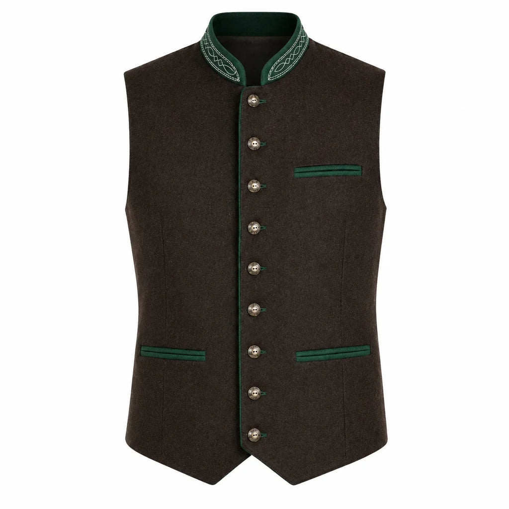 Men's Traditional Brown Trachten Vest with Green Trim