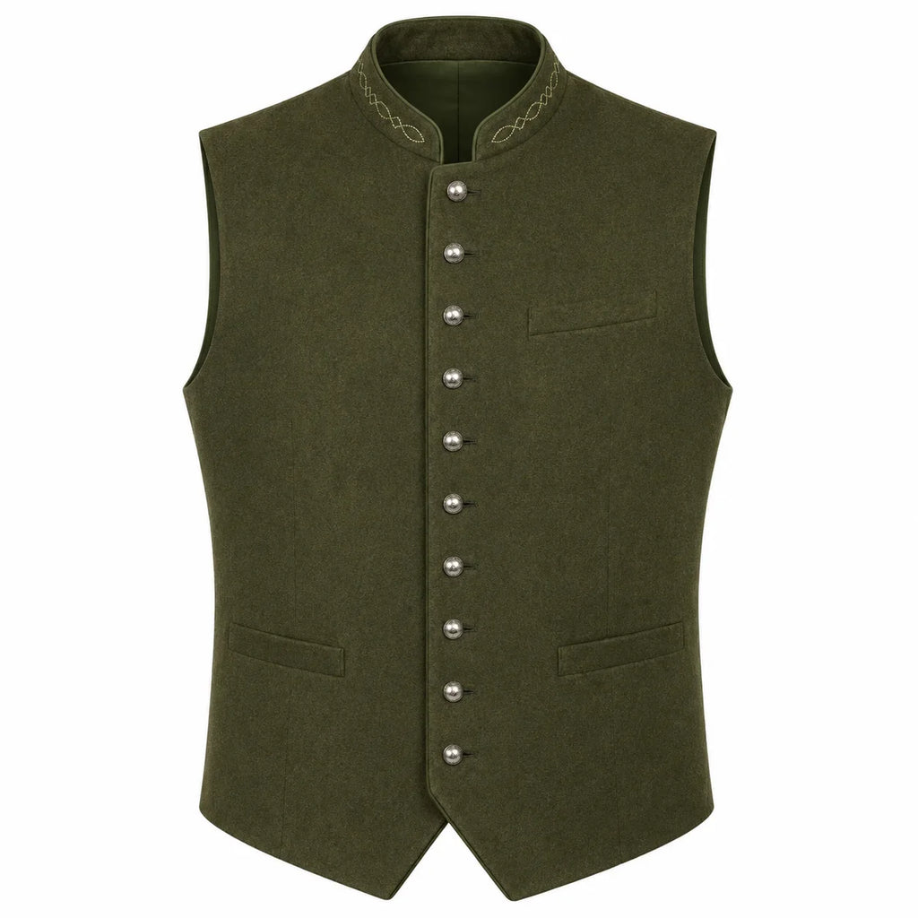An olive green men's waistcoat vest with a mandarin collar, decorative embroidered trim, a row of silver-tone buttons down the front, and two front welt pockets, shown on a plain white background.