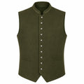 An olive green men's waistcoat vest with a mandarin collar, decorative embroidered trim, a row of silver-tone buttons down the front, and two front welt pockets, shown on a plain white background.