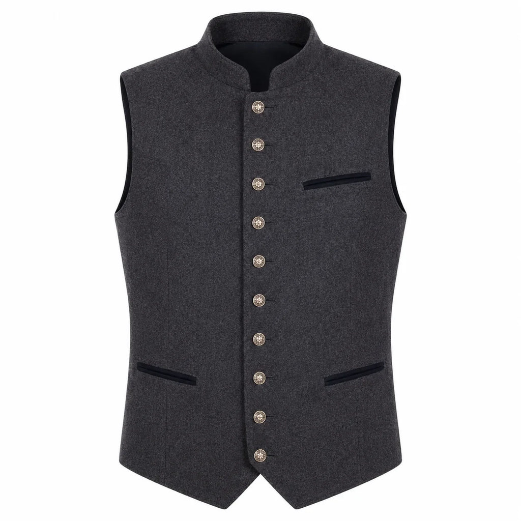 A dark gray wool vest with a mandarin collar, decorative front buttons, and contrast black piping details, shown against a plain white background.