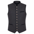 A dark gray wool vest with a mandarin collar, decorative front buttons, and contrast black piping details, shown against a plain white background.