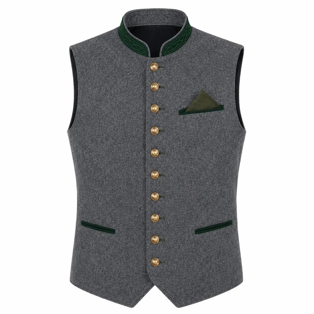 A gray wool-like waistcoat vest with dark green trim on the collar, pocket flaps, and pocket square, accented by a row of gold buttons down the front.
