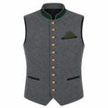 A gray wool-like waistcoat vest with dark green trim on the collar, pocket flaps, and pocket square, accented by a row of gold buttons down the front.