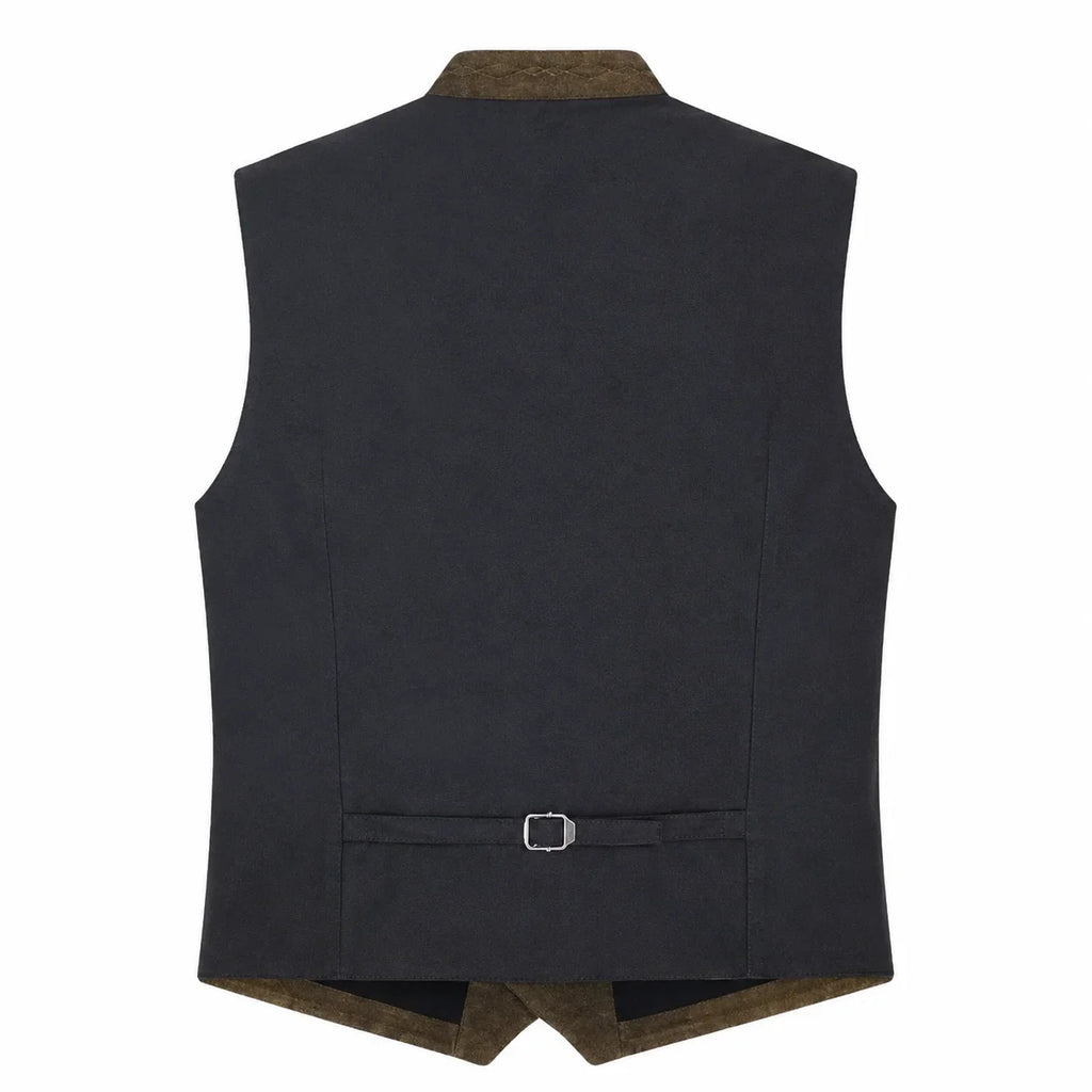 A dark charcoal gray waistcoat shown from the back, featuring a brown corduroy collar and hem, and a matching brown tie belt with a silver buckle at the bottom.