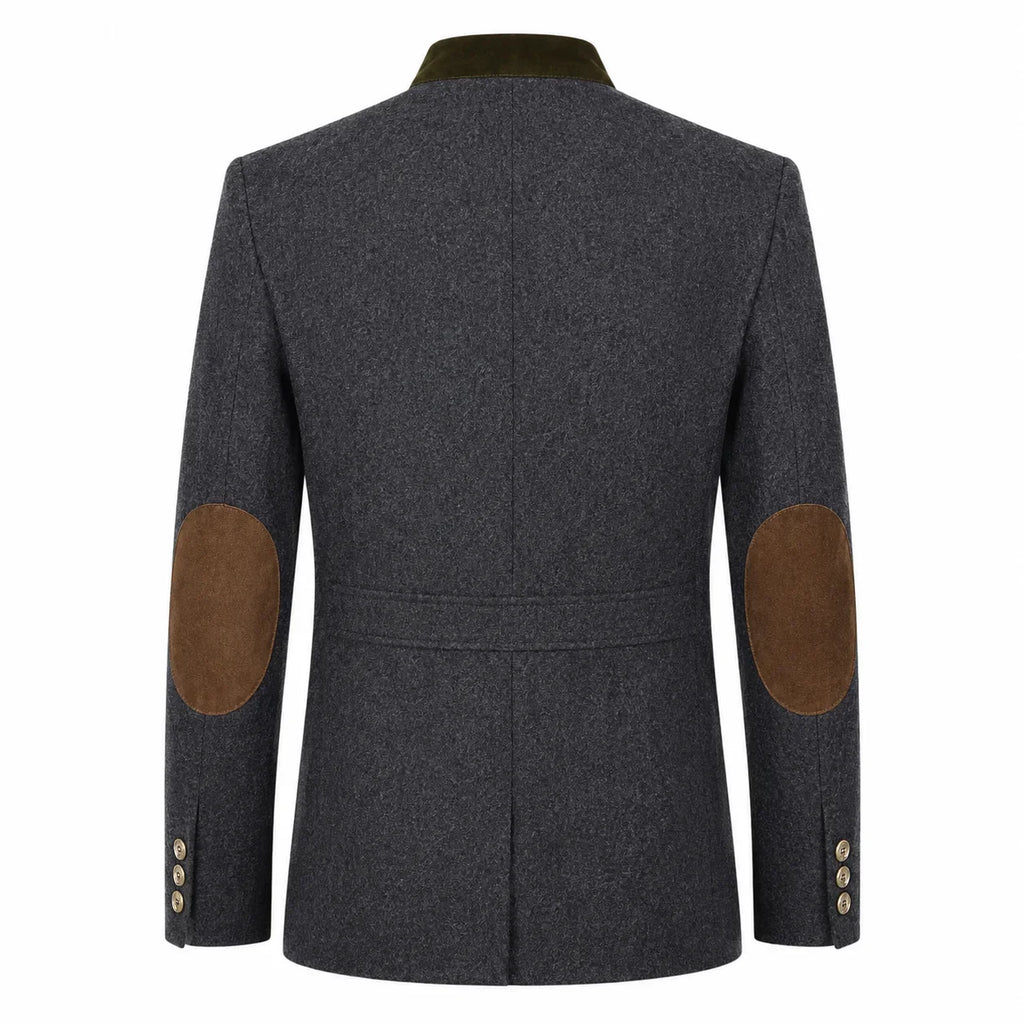 A dark gray textured wool-blend blazer shown from the back, featuring brown suede elbow patches and a contrasting dark olive green collar.
