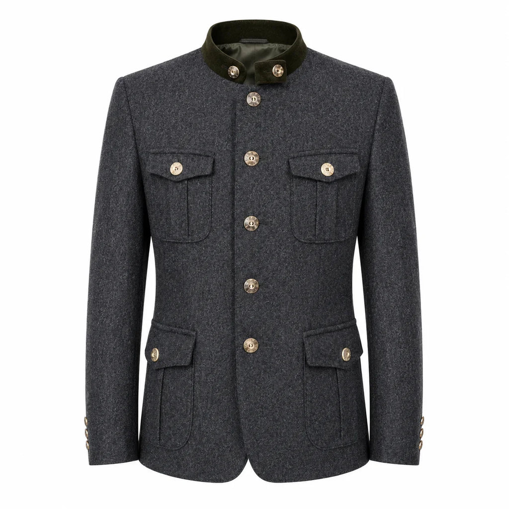 A dark gray textured wool jacket with a contrasting dark green collar and gold-tone buttons, displayed on a clean white background.