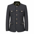 A dark gray textured wool jacket with a contrasting dark green collar and gold-tone buttons, displayed on a clean white background.