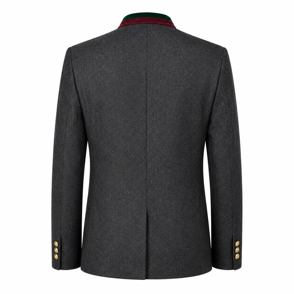 The back view of a dark gray textured blazer jacket, featuring a green and red striped collar and gold buttons on the cuffs, set against a plain white background.