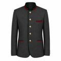 A dark gray wool-blend jacket with a mandarin collar, featuring gold buttons, red-green striped trim on the collar, chest pocket, and pocket flaps, and gold button accents on the cuffs, shown against a plain white background.