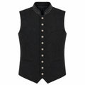 A dark gray wool-blend waistcoat vest with a mandarin collar, decorative silver-gray embroidery on the collar, and a front button closure with silver buttons.