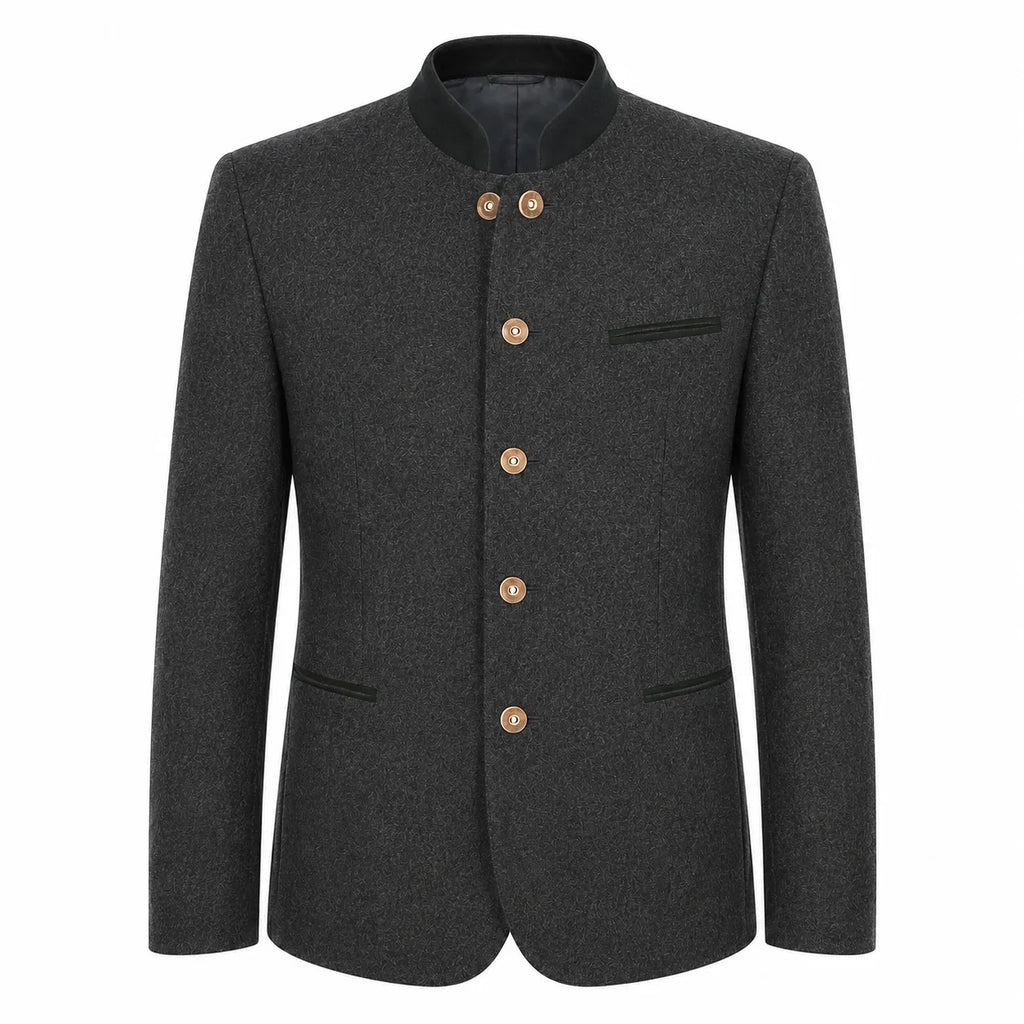 A dark gray textured wool jacket with a mandarin collar and gold-tone buttons, displayed on a clean white background.