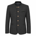 A dark gray textured wool jacket with a mandarin collar and gold-tone buttons, displayed on a clean white background.