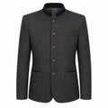 A dark gray textured wool-blend jacket with a mandarin collar, four brown buttons, and front flap pockets, shown on a plain white background.
