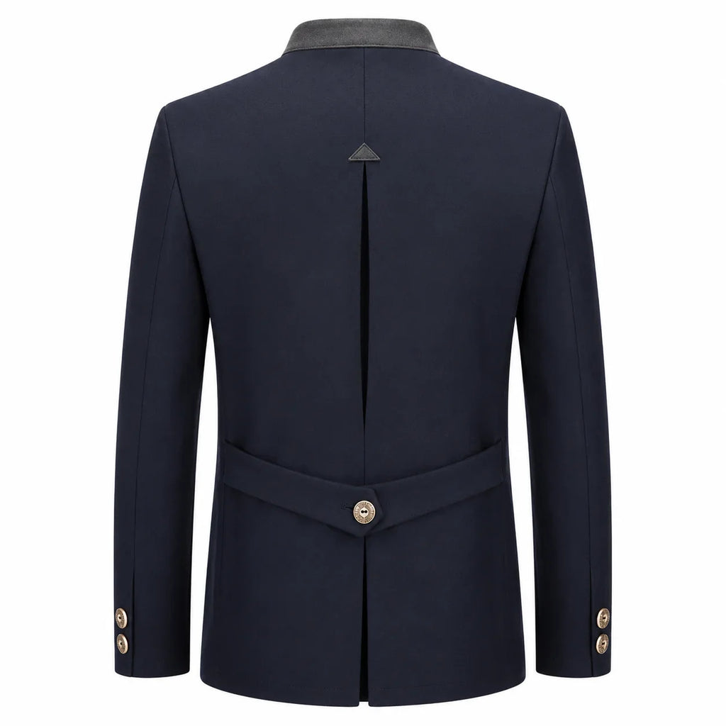 A dark navy blue men's blazer shown from the back, featuring a structured collar, a central back seam, a matching waist belt with a single gold-tone button, and gold button details on the cuffs.