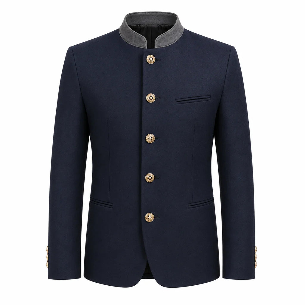 A men's traditional-style jacket in dark navy blue with a contrasting gray stand collar and decorative gold buttons, shown on a plain white background.