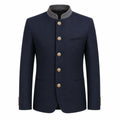 A men's traditional-style jacket in dark navy blue with a contrasting gray stand collar and decorative gold buttons, shown on a plain white background.