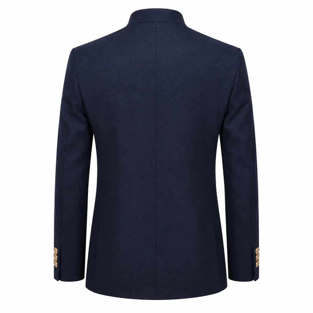 A navy blue blazer shown from the back, featuring a high collar and gold button accents on the cuffs, set against a plain white background.