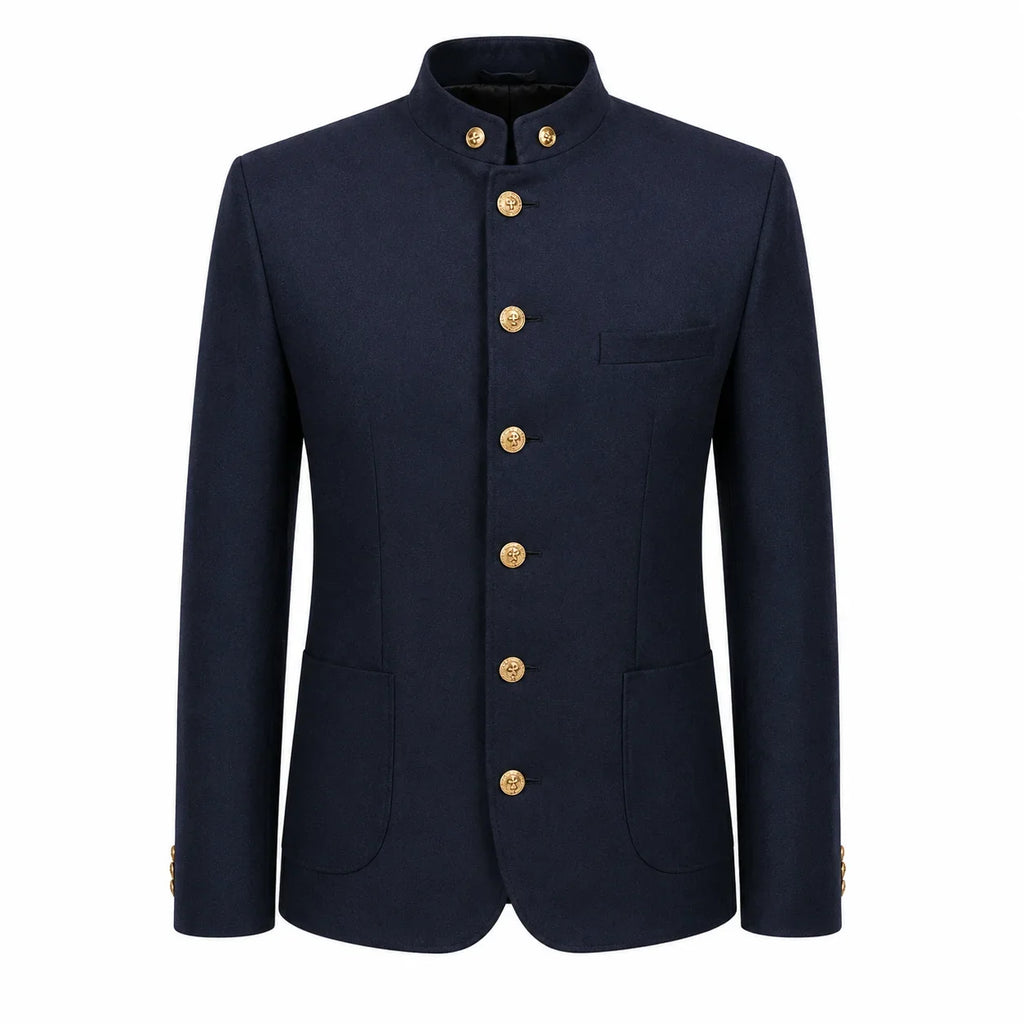 A dark navy blue men's jacket with a mandarin collar and gold buttons, displayed on a clean white background.