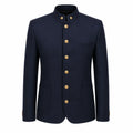 A dark navy blue men's jacket with a mandarin collar and gold buttons, displayed on a clean white background.