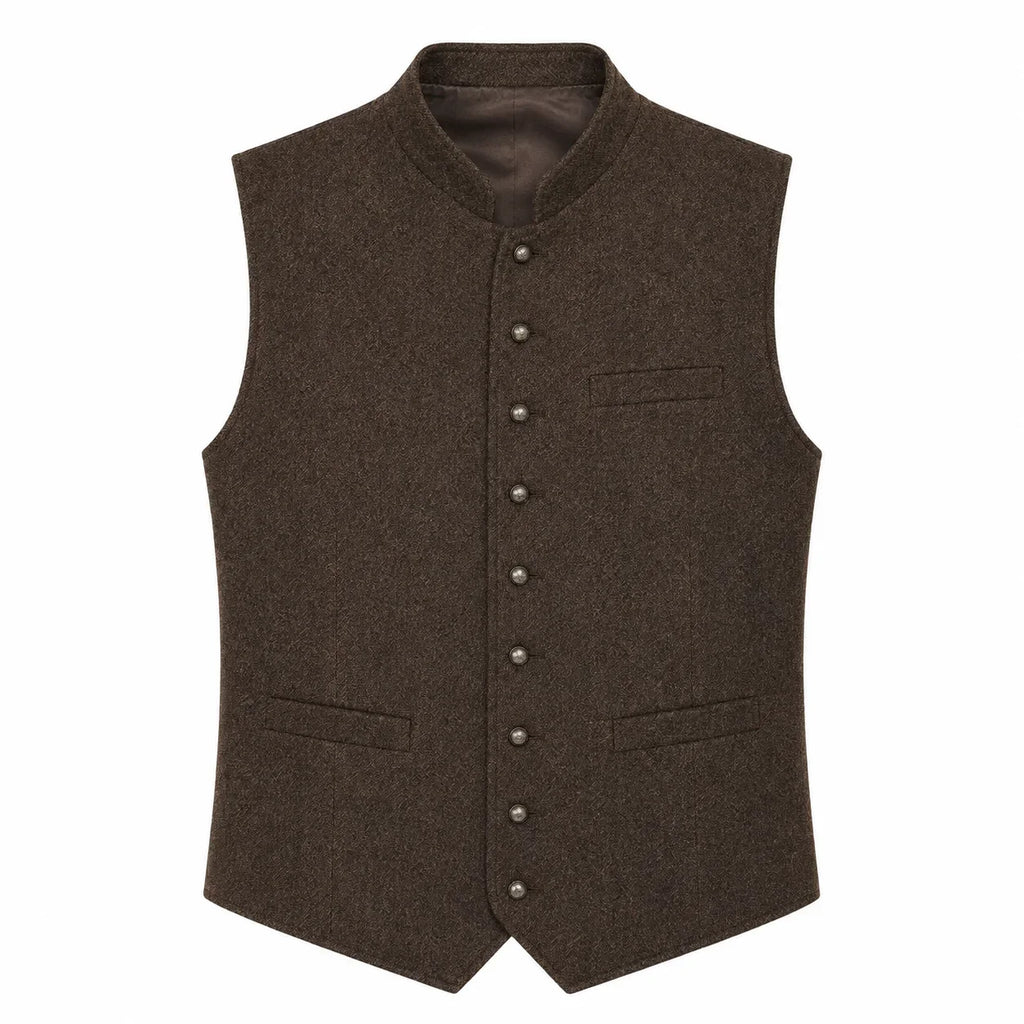 A dark brown wool vest with a mandarin collar, button front closure, and flap pockets, shown against a plain white background.