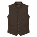 A dark brown wool vest with a mandarin collar, button front closure, and flap pockets, shown against a plain white background.