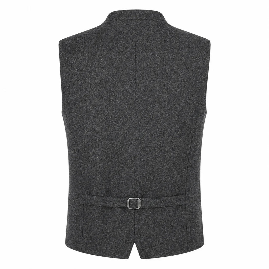 A dark gray textured waistcoat vest with a matching waist belt and silver buckle, shown from the back on a white background.