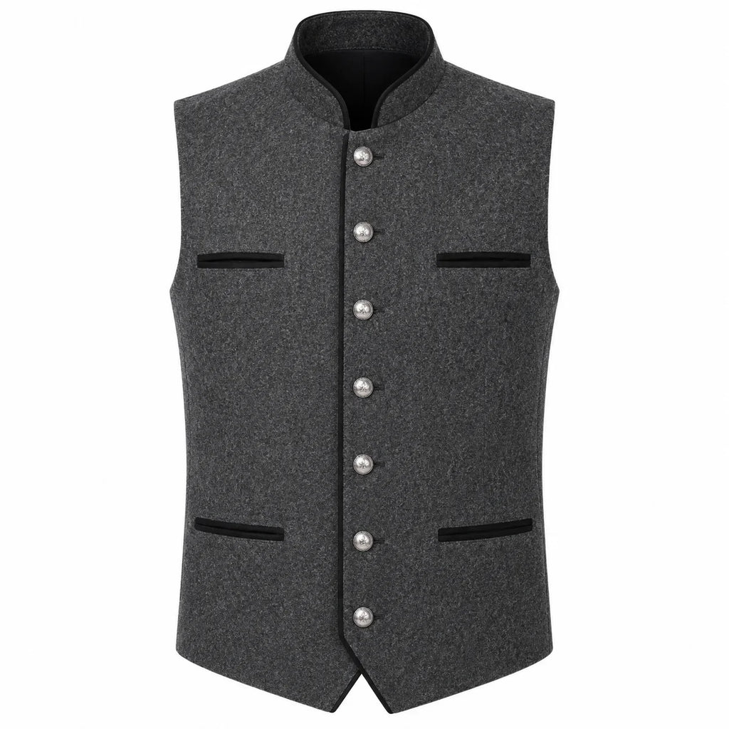 A dark gray textured waistcoat vest with a mandarin collar, silver-tone decorative buttons down the front, and black trim details on the pockets and collar, shown against a plain white background.