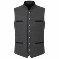 A dark gray textured waistcoat vest with a mandarin collar, silver-tone decorative buttons down the front, and black trim details on the pockets and collar, shown against a plain white background.